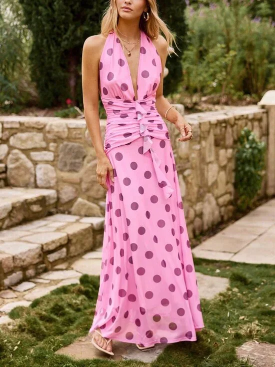 Pink Resort Wear Women's Vacation Polka Dot Print Halter Backless maxi Dress - Picture 4 of 7